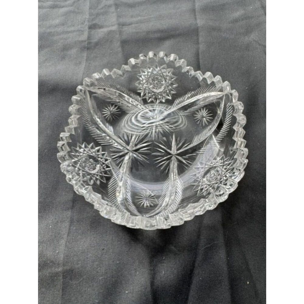 Vintage American Brilliant Candy / Nut Cut Glass Sawtooth w Sunburst 5" Wide